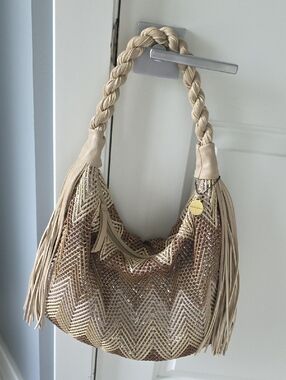 Big Buddha Tan/Brown/Cream Braided Cheveron Pattern Fringe Hobo Bag